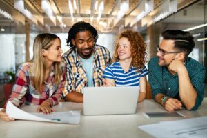 Successful company with happy employees in modern office